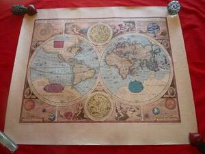 【印刷】ポスター 古地図 中古品【★ジョン・スピード1627年〔◆Ａ NEW AND ACCVRAT MAP OF THE WWORLD〕＜■アンテーク世界地図＞】＊一点