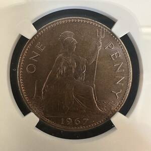 1967年 イギリス ペニー 銅貨 NGC MS64 RB G.BRITAIN 鑑定済 ブリタニカ女神 アンティークコイン Bronze Britannia 英国 エリザベス2世