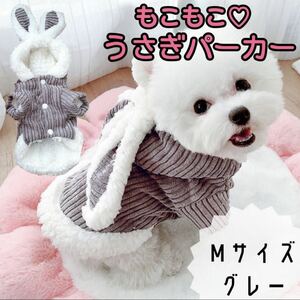 【SALE】 犬服 小型犬 ドッグウェア パーカー もこもこ うさ耳 フード付き グレー Mサイズ M