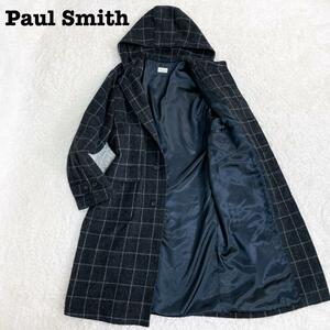 極美品【定価10万】ポールスミスロンドン Paul Smith LONDON アルパカ フード ロングコート メンズL チェック 比翼 グレー 大きいサイズ