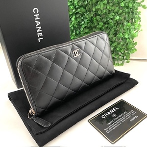 1円 美品 CHANEL シャネル マトラッセ ブラック ラウンドファスナー長財布 シルバー金具