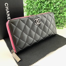 1円 美品 CHANEL シャネル マトラッセ パテント ピンク マットブラック ラウンドファスナー長財布_画像1