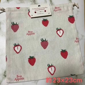 コットン巾着袋☆イチゴ柄(約23×23センチ)