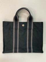 営SA502-60◆ HERMES／エルメス フールトゥ キャンバス ブラック×グレー トートバッグ ハンドバッグ 【H23×W30×D8】_画像1