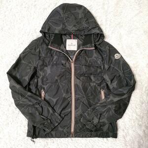 1円〜美品 モンクレール MONCLER ナイロンジャケット リヨン LYON ボタニカル ブラック系 2サイズ 花柄 2way 着脱可能フード 黒系