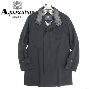 ◆Aquascutum アクアスキュータム 裏地チェック柄 ラムレザー使い コットン フィールド コート 黒 ブラック S