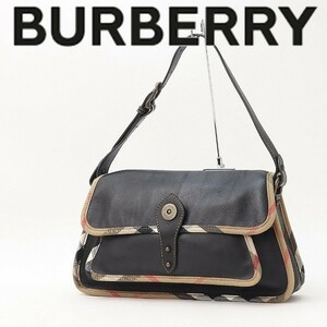 ◆BURBERRY バーバリー レザー×キャンバス チェック柄パイピング 肩掛け ショルダー バッグ 黒 ブラック