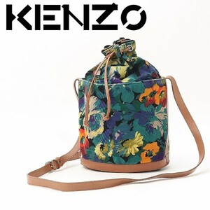 ヴィンテージ◆KENZO ケンゾー コーデュロイ×レザー 花柄 巾着 斜め掛け ショルダー バッグ