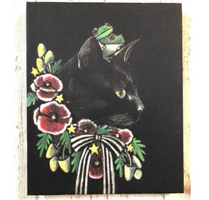 星月猫★アート「黒猫」絵画　F3　木製パネル貼り27.3cmｘ22cm　厚み２㎝　「009」
