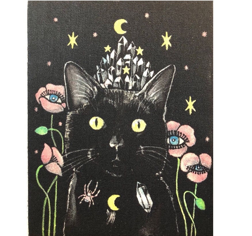 Couronne de grappe d'art de chat de nuit étoilée, peinture noire, Reproduction F0, panneau de bois 18cm x 14cm, épaisseur 2cm 001, Ouvrages d'art, Peinture, acrylique, Entaille