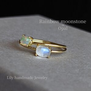 R080* 18kgp レインボームーンストーン オパール Wセット リング