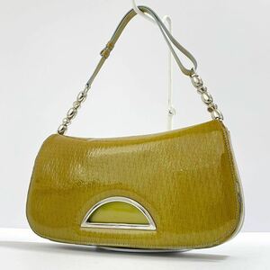 1円 ◎ Christian Dior マリスパール ハンドバッグ ショルダーバッグ エナメル シルバー金具 トロッター柄 インナーデニム イエロー系 