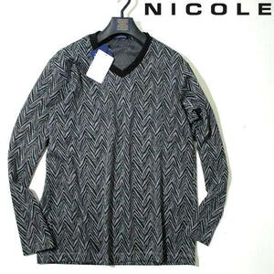 新品▼ ニコル　未使用！　秋冬　長袖カットソー ジャージー　Vネック　ヘリンボーン ロンT　NICOLE　48　Lサイズ　黒 グレー シェブロン柄