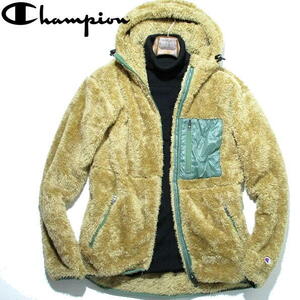 美品▼ チャンピオン　厚手 フリースジャケット　シェルパ　シャギー　フード付き　Champion　Lサイズ　ベージュ　カーキ　もこもこ