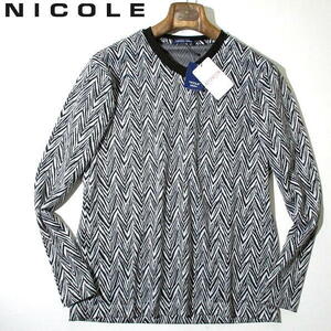 新品▼ ニコル　未使用！　 秋冬　Vネック　長袖カットソー ヘリンボーン　ジャージー　ロンT　NICOLE　48　Lサイズ　シェブロン柄　黒 白