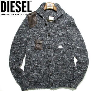 希少▼ DIESEL ディーゼル ニット ジャケット カーディガン ウール×アルパカ混 レザーパッチ 牛革 エルボー くるみボタン ヘザーグレー