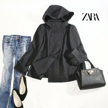 美品 ZARA BASIC ザラ ベーシック ■ 冬 真冬 ほんのりMIX フード一体 ウールコート ウールジャケット ダークグレー L ロゴボタン Pコート_画像1