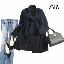 美品 ZARA BASIC ザラ ベーシック ■ 冬 真冬 定番 Pコート ウールコート ワンピース丈 S 人気カラー ネイビー 紺 モロッコ製_画像1