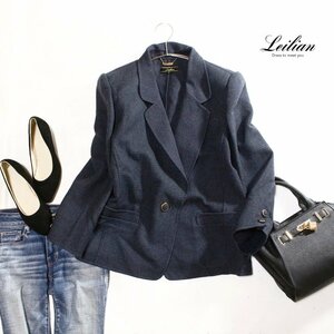 美品 Leilian レイリアン 毛100％ 上質 高級感 ミックス ウールジャケット 9号 ネイビー 紺 ミセス 百貨店 お洒落