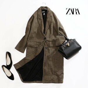 美品 ZARA ザラ ■ 可愛い 千鳥柄 ロングウールコート チェスターコート ウールコート XS ベージュ ブラック 黒 ブラウン