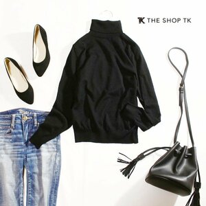 美品 THE SHOP TK ザ ショップ ティーケー 株) ワールド 冬 シンプル リブタートル ニットカットソー タートルニットセーター ブラック 黒