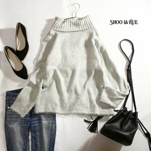 美品 厚手 シューラルー SHOO・LA・RUE 株) ワールド ■ 冬 真冬 ロング丈 シャギー ハイネック ニットセーター F ミント ライトグレー