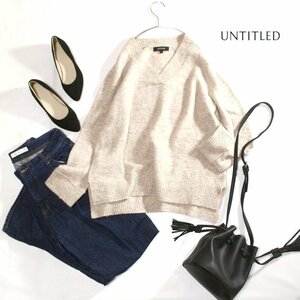 厚手 アンタイトル UNTITLED 株) ワールド 冬 ゆったり アルパカ Vネック ミックスニットセーター セーター 2 9号 ベージュ ふんわり