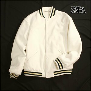 厚手 ZARA ザラ メンズ 中綿キルティング 2色ライン リブ切替 スナップ 中綿 ウールブルゾン M ホワイト 白 グリーン 緑 イエロー 黄色