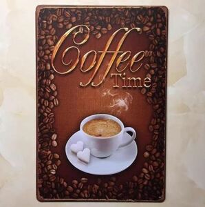 K323 新品◆ブリキ看板 コーヒー coffee time カフェ 喫茶店 cafe インテリアに アンティーク レトロ