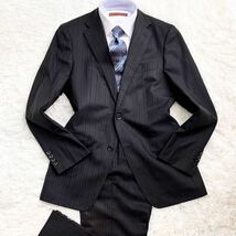 M-L相当 1円 コムサメン シャドーストライプ スーツ 黒 セットアップ COMME CA MEN テーラードジャケット メンズ ビジネス ブラック_画像2