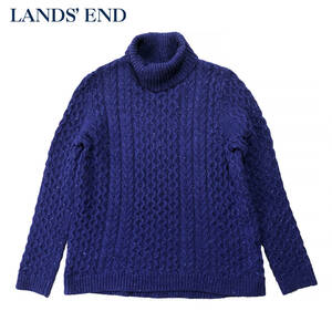 USA 古着 ランズエンド コットン/ウール混合 タートルネック セーター 青紺色 ネップ レディースXL相当 LANDS'END BJ0549