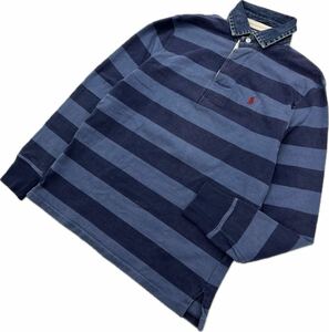 POLO RALPH LAUREN ☆ 襟デニム デザイン ラガーシャツ ボーダー シャツ 長袖 ネイビー S アメカジ ストリート ポロラルフローレン■CD289