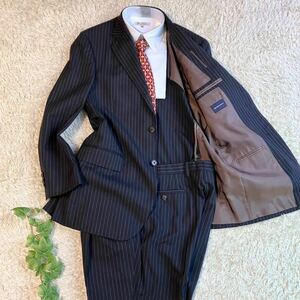 【1スタ！】美品スーツカンパニー シルク絹セットアップスーツピンストライプ　段返り黒ブラックL相当ビジネススーツ 営業高級スーツ成人式