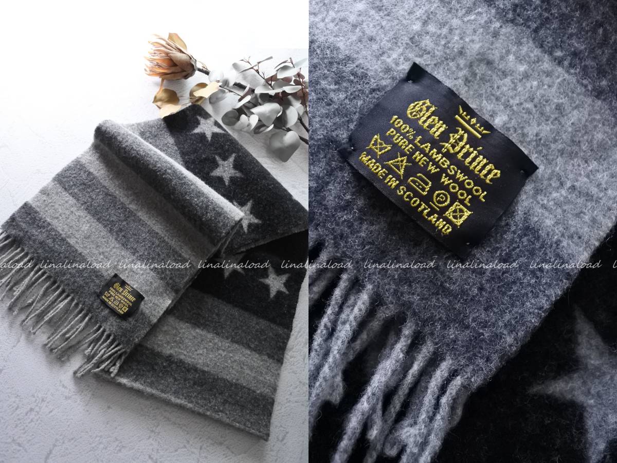 英国　グレンプリンス　*ラムウール　マフラー　グレー系　星×ボーダー　ユニセック