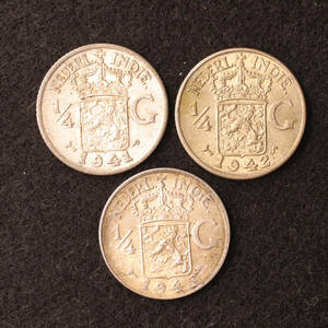 オランダ領東インド 1/4グルデン銀貨（1941,42,45）3枚セット！[E2988]コイン、蘭印、インドネシア　