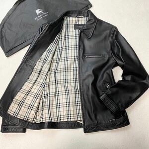 極美品 希少L BURBERRY BLACK LABEL バーバリーブラックレーベル ラムレザー ジャケット 羊革 ライダース シングル 黒 ノバチェック 襟付き