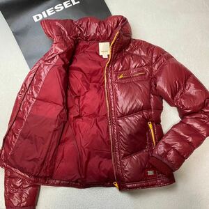 希少L!!極美品 DIESEL ディーゼル ライダース ダウン ジャケット キルティング ロゴプレート 赤 レッド アウター フード収納付 光沢感◎