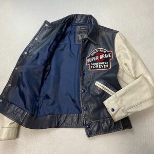 ヴィンテージ加工 DIESEL ディーゼル 本革 カウハイド 襟付き オールレザー スタジャン ブルゾン ワッペン Mネイビー×ホワイト 革ジャン