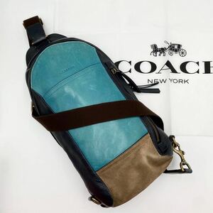 美品!!COACH コーチ ブリーカー メンズ ボディバッグ ショルダーバッグ スウェード レザー カラーブロック スリングバッグ 70796 ブルー系