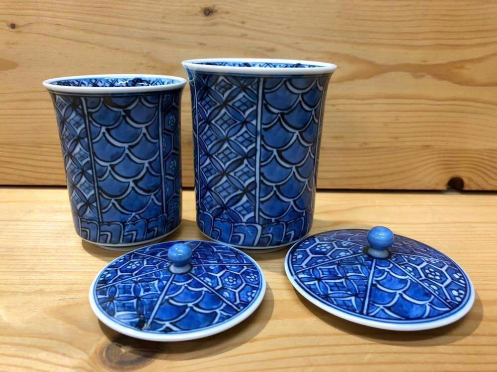 ◆新品◆平戸焼/松山窯/染付/手描き/蓋付組湯呑◆夫婦湯飲み茶碗◆割烹/懐石/料亭/旅館◆未使用/当店展示品/定価から値下げ◆, 茶器, 湯飲み, 2客セット, 夫婦湯飲み