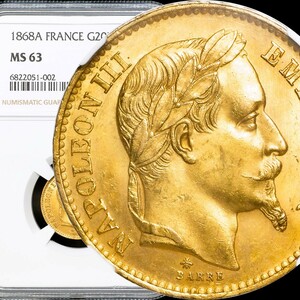【有冠 高鑑定 MS63】1868-A フランス ナポレオン3世 20フラン金貨 NGC/アンティークコイン/ゴールド