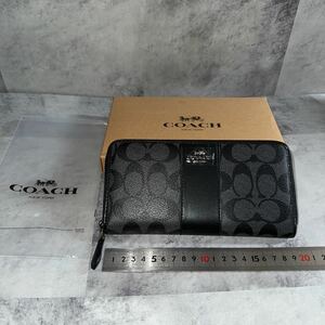 未使用 コーチ COACH 長財布 シグネチャー ストライプ ジップ F54630スモーク×ブラック アウトレット 男女兼用 レディース メンズ