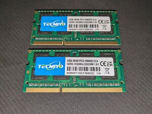 0512u1635　テクミヨ ノートPC用メモリ1.5V DDR3-1333 PC3-10600 4GB×2枚