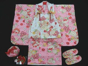 nagoya☆可愛い着物セット☆3歳女の子用【被布コートセット】小物付き 化繊 新品 着用可 ※襦袢なし 七五三 y3681nq