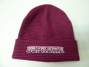 ◆国内正規 Supreme シュプリーム ボーダー ロゴ刺繍 ニット ビーニー キャップ ピンク系 希少