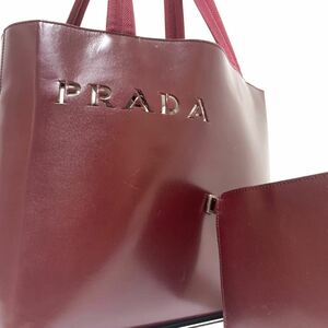 1円 希少色 PRADA プラダ メンズ ロゴカットワーク カーフレザー トートバッグ ハンド ブリーフケース ビジネスバッグ ボルドー レディース