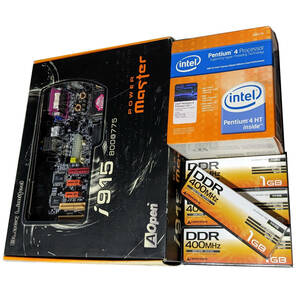 【新古品セット】AOpen i915Ga-PLF POWER MASTER Black Limited[LGA775] + CPU(Pen4 531)、メモリ4GB