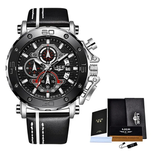 LIGE メンズ 腕時計 高品質 クオーツ カジュアル スポーツ レザー ウォッチ 9996 クロノグラフ 生活防水 時計 シルバー× ブラック L
