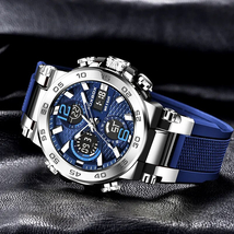 LIGE メンズ 腕時計 8622 高品質 クオーツ ミリタリー スポーツ デュアル ディスプレイ ウォッチ foxbox 防水 時計 シルバー × ブルー_画像10