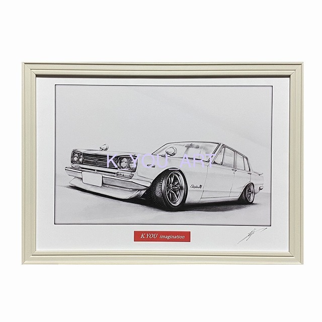 Nissan Skyline Hakosuka GTR 4-Türer frühes Modell vorne [Bleistiftzeichnung] berühmtes Auto, klassisches Auto, Illustration, A4-Format, gerahmt, unterzeichnet, Kunstwerk, Malerei, Bleistiftzeichnung, Kohlezeichnung